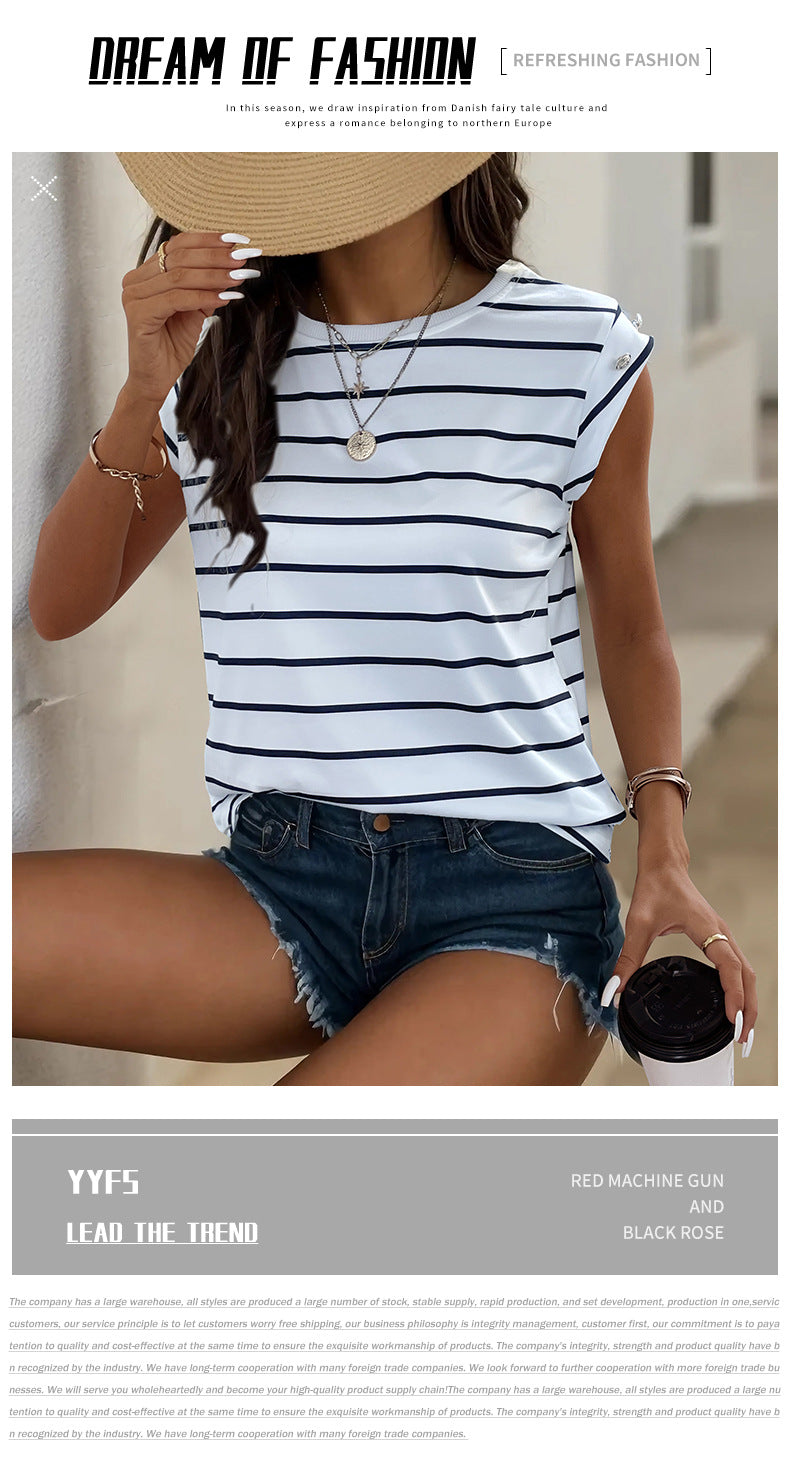 Summer Women's Sleeveless Classic Tops Horizontal Striped Round Neck Vest Loose Fit Cotton Fashion T-Shirt - Seldom Seen Styles