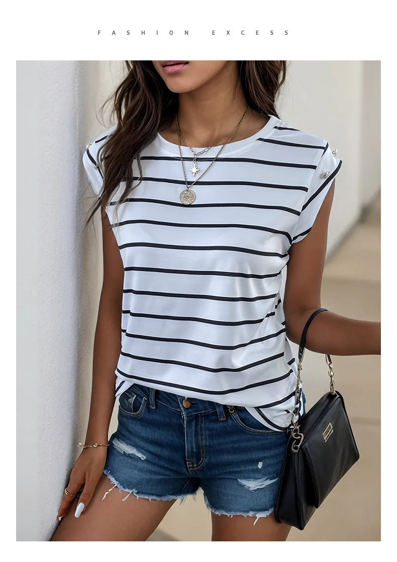 Summer Women's Sleeveless Classic Tops Horizontal Striped Round Neck Vest Loose Fit Cotton Fashion T-Shirt - Seldom Seen Styles