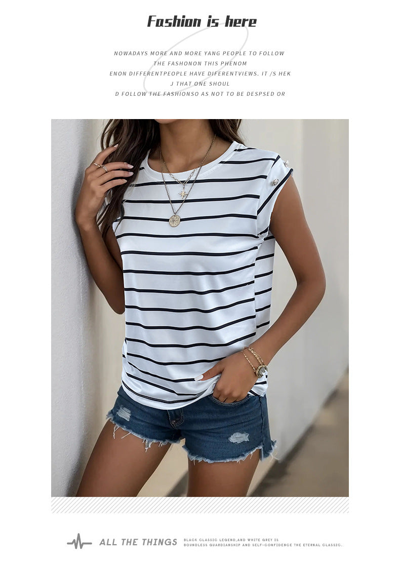 Summer Women's Sleeveless Classic Tops Horizontal Striped Round Neck Vest Loose Fit Cotton Fashion T-Shirt - Seldom Seen Styles