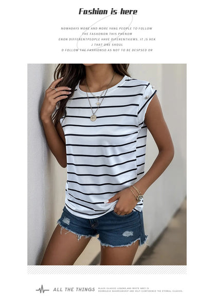Summer Women's Sleeveless Classic Tops Horizontal Striped Round Neck Vest Loose Fit Cotton Fashion T-Shirt - Seldom Seen Styles