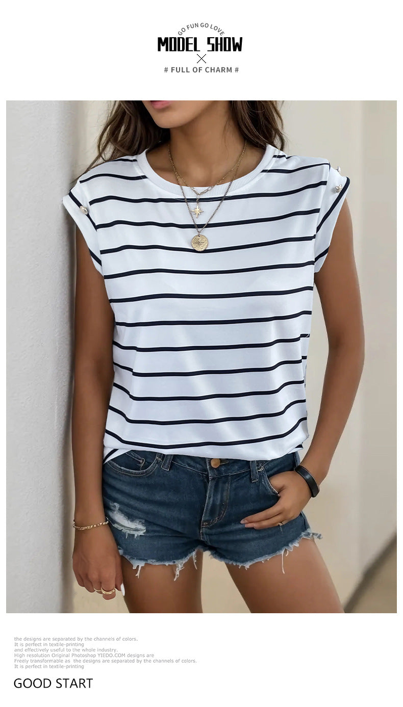 Summer Women's Sleeveless Classic Tops Horizontal Striped Round Neck Vest Loose Fit Cotton Fashion T-Shirt - Seldom Seen Styles
