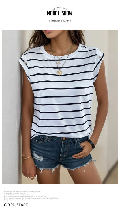 Summer Women's Sleeveless Classic Tops Horizontal Striped Round Neck Vest Loose Fit Cotton Fashion T-Shirt - Seldom Seen Styles