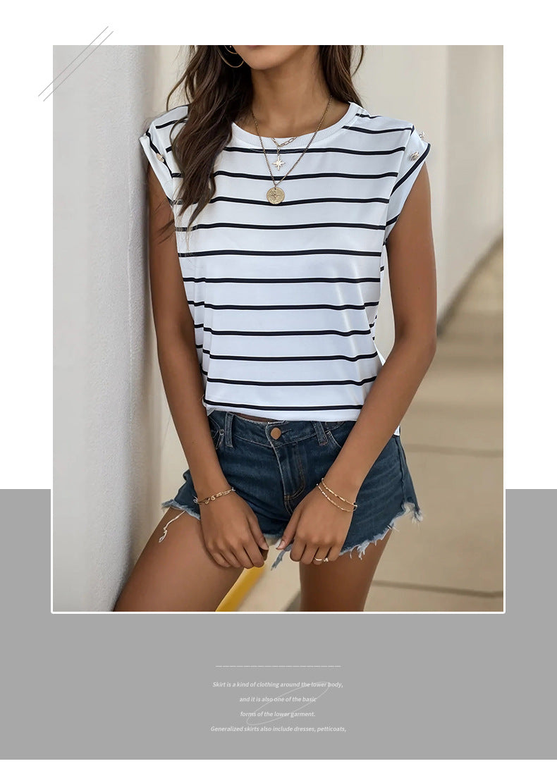 Summer Women's Sleeveless Classic Tops Horizontal Striped Round Neck Vest Loose Fit Cotton Fashion T-Shirt - Seldom Seen Styles