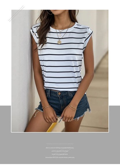 Summer Women's Sleeveless Classic Tops Horizontal Striped Round Neck Vest Loose Fit Cotton Fashion T-Shirt - Seldom Seen Styles