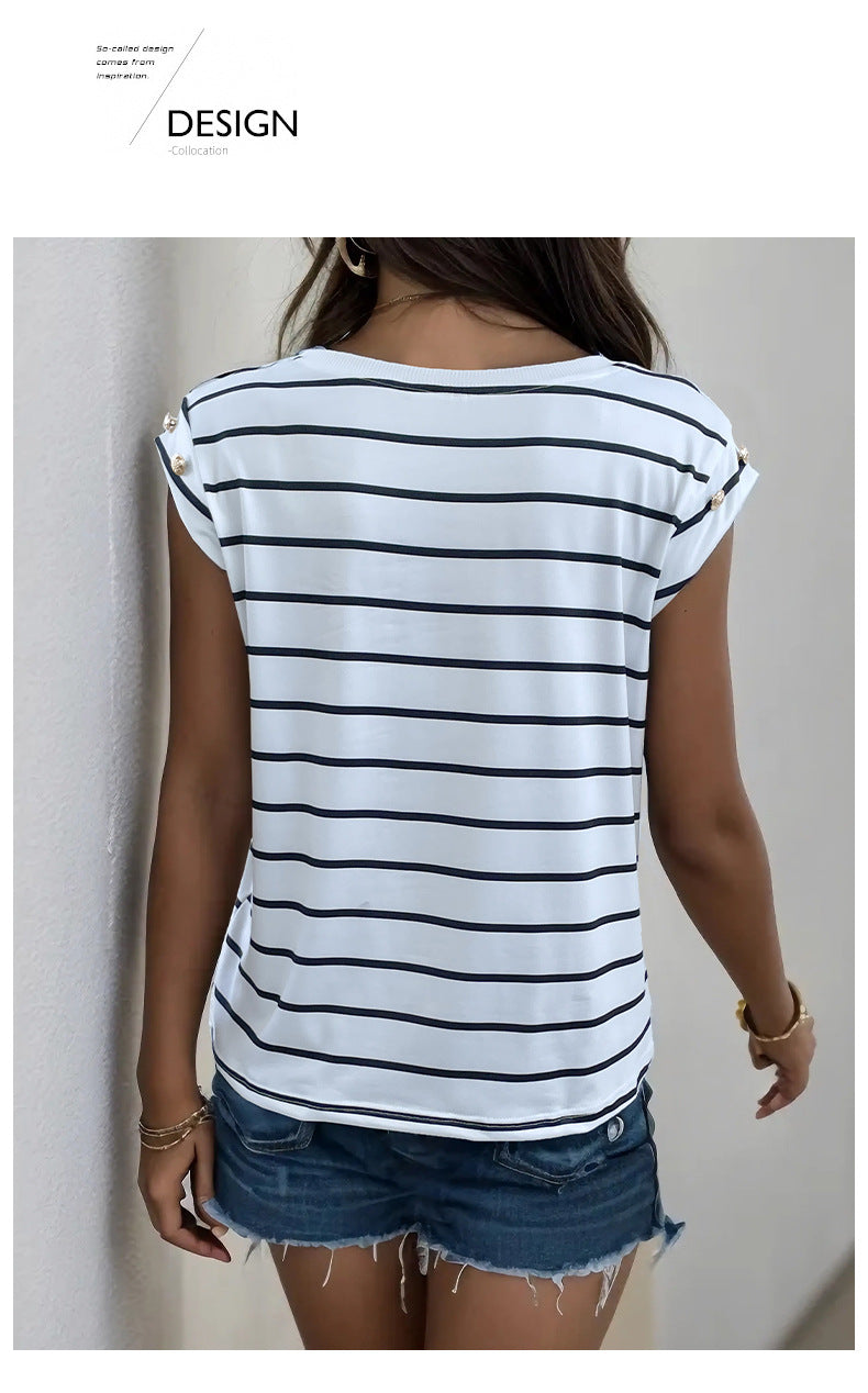 Summer Women's Sleeveless Classic Tops Horizontal Striped Round Neck Vest Loose Fit Cotton Fashion T-Shirt - Seldom Seen Styles