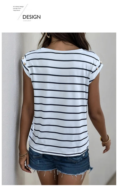 Summer Women's Sleeveless Classic Tops Horizontal Striped Round Neck Vest Loose Fit Cotton Fashion T-Shirt - Seldom Seen Styles