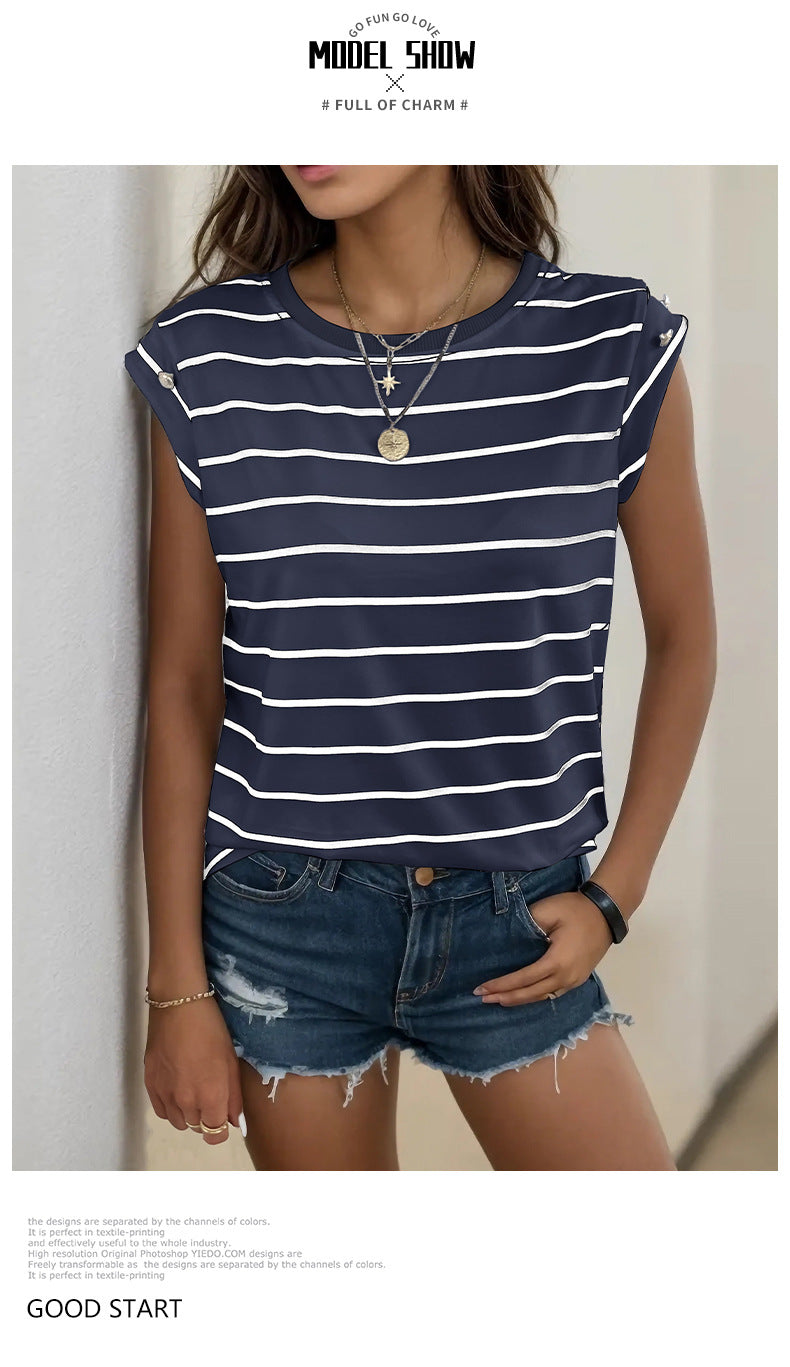 Summer Women's Sleeveless Classic Tops Horizontal Striped Round Neck Vest Loose Fit Cotton Fashion T-Shirt - Seldom Seen Styles