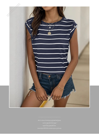 Summer Women's Sleeveless Classic Tops Horizontal Striped Round Neck Vest Loose Fit Cotton Fashion T-Shirt - Seldom Seen Styles