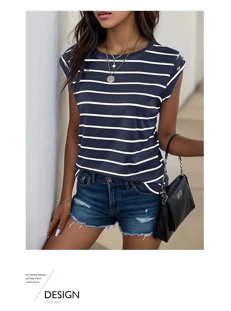 Summer Women's Sleeveless Classic Tops Horizontal Striped Round Neck Vest Loose Fit Cotton Fashion T-Shirt - Seldom Seen Styles