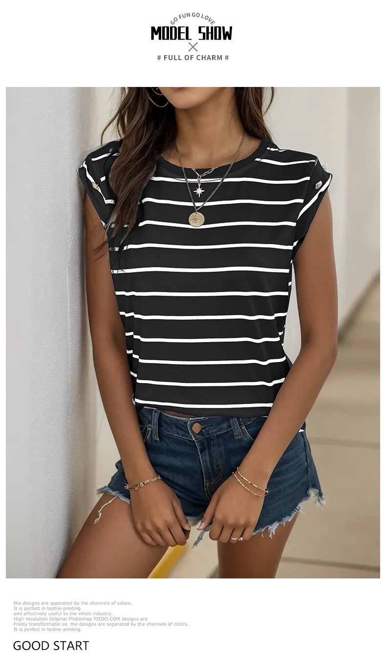 Summer Women's Sleeveless Classic Tops Horizontal Striped Round Neck Vest Loose Fit Cotton Fashion T-Shirt - Seldom Seen Styles