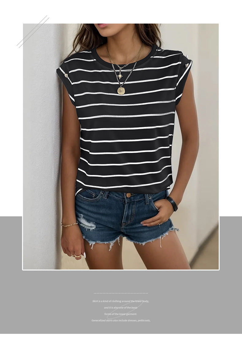Summer Women's Sleeveless Classic Tops Horizontal Striped Round Neck Vest Loose Fit Cotton Fashion T-Shirt - Seldom Seen Styles
