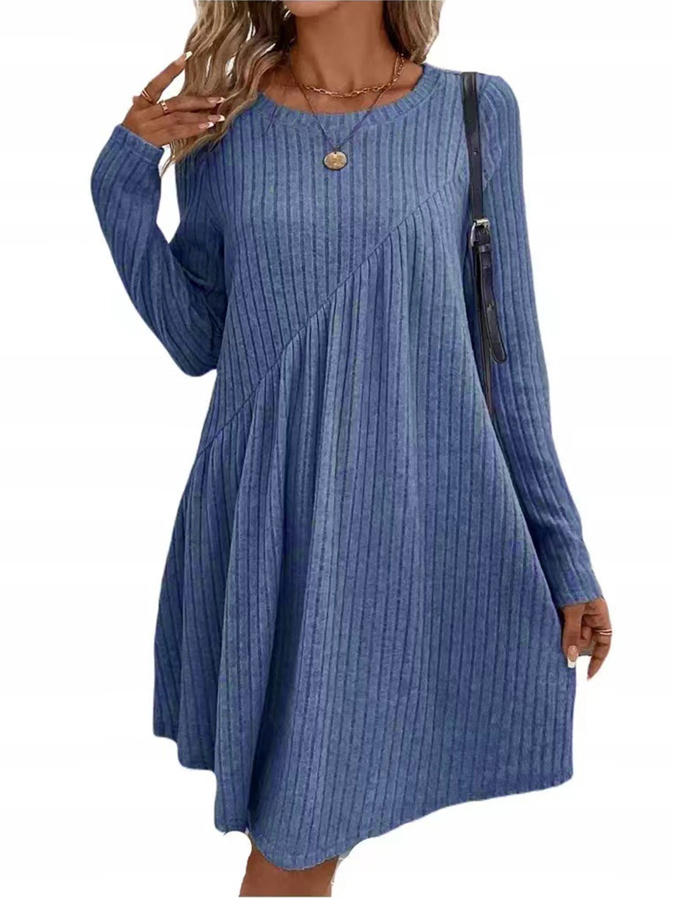 Sweater Dress Crew Neck Long Sleeve Casual Fall Winter Loose Tunic Dress Pockets Ruffle Hem - Seldom Seen Styles