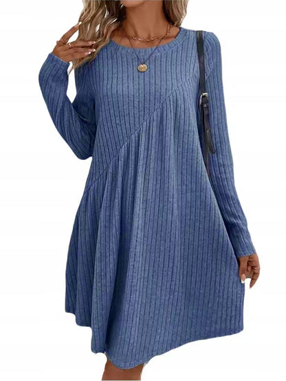 Sweater Dress Crew Neck Long Sleeve Casual Fall Winter Loose Tunic Dress Pockets Ruffle Hem - Seldom Seen Styles