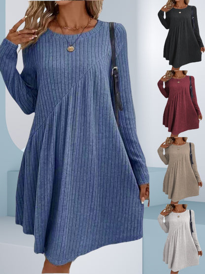 Sweater Dress Crew Neck Long Sleeve Casual Fall Winter Loose Tunic Dress Pockets Ruffle Hem - Seldom Seen Styles