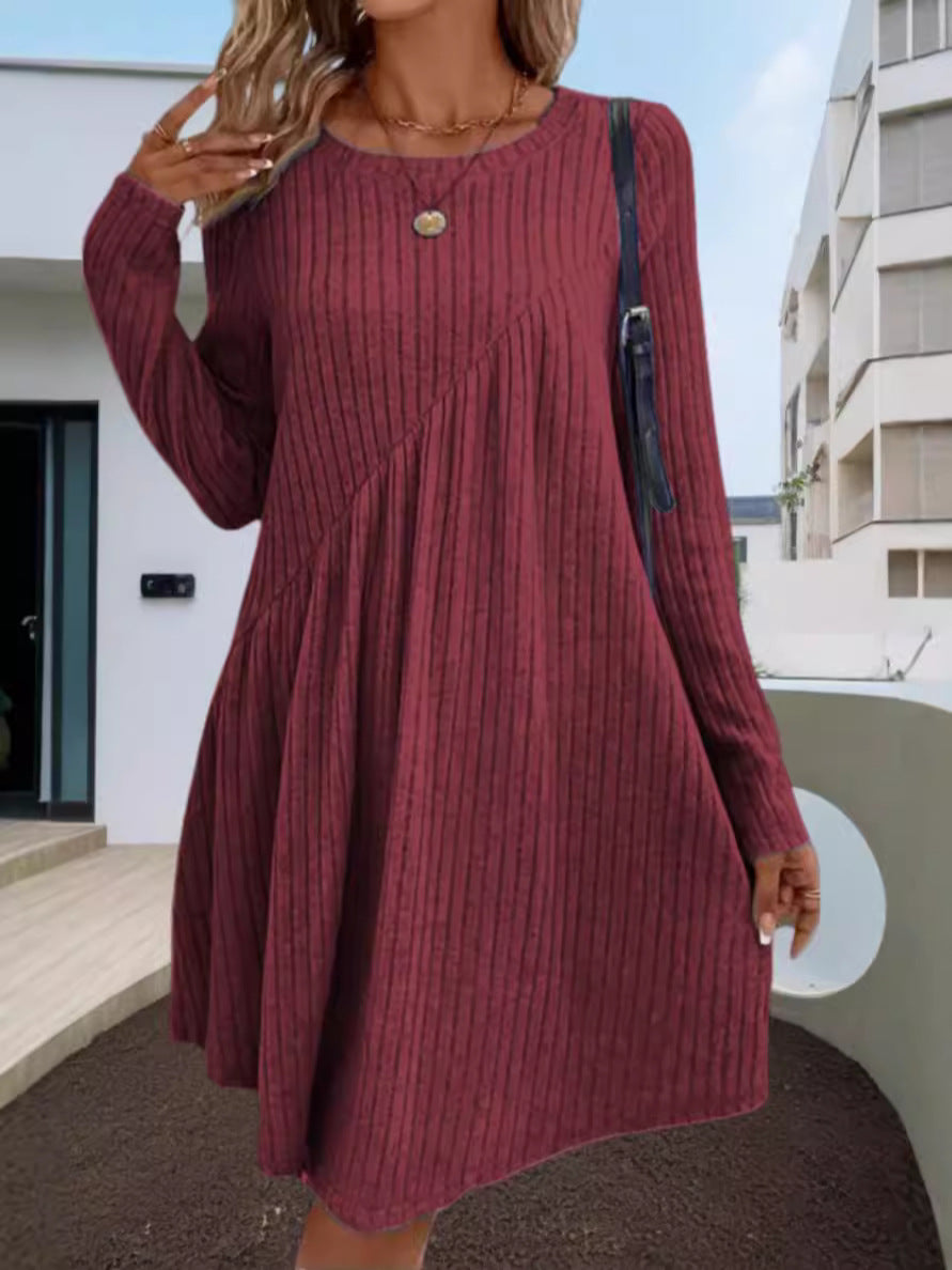 Sweater Dress Crew Neck Long Sleeve Casual Fall Winter Loose Tunic Dress Pockets Ruffle Hem - Seldom Seen Styles