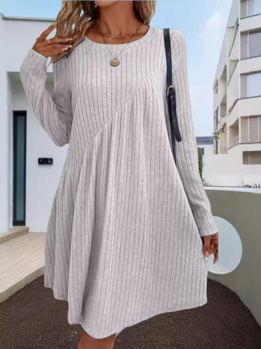 Sweater Dress Crew Neck Long Sleeve Casual Fall Winter Loose Tunic Dress Pockets Ruffle Hem - Seldom Seen Styles