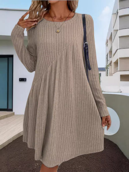 Sweater Dress Crew Neck Long Sleeve Casual Fall Winter Loose Tunic Dress Pockets Ruffle Hem - Seldom Seen Styles