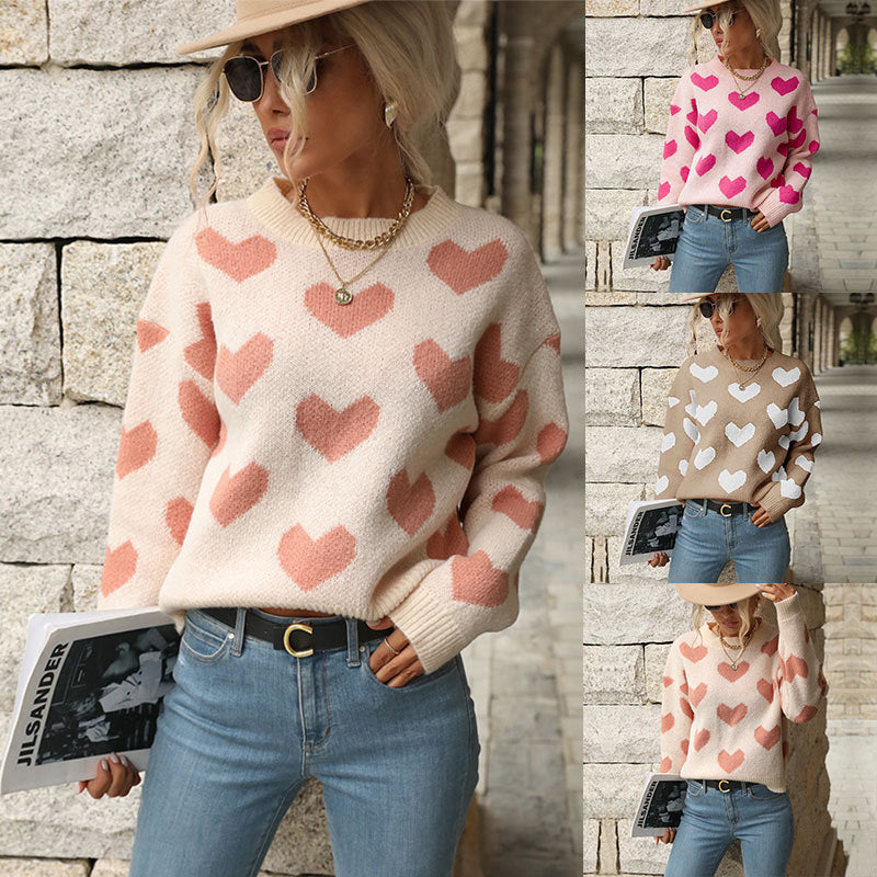 Sweet Girl Style Date Hot-Selling  Winter  Valentine's Day Heart Long Sleeve Pink Sweater - Seldom Seen Styles