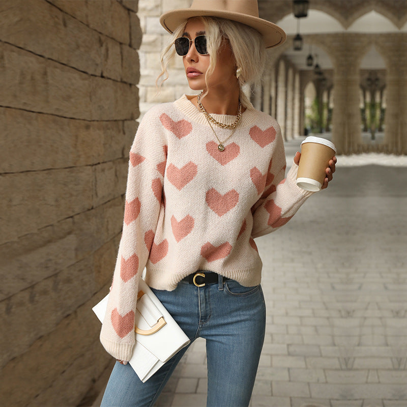 Sweet Girl Style Date Hot-Selling  Winter  Valentine's Day Heart Long Sleeve Pink Sweater - Seldom Seen Styles