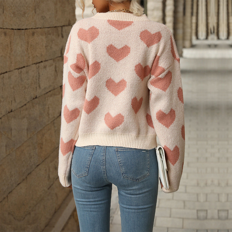 Sweet Girl Style Date Hot-Selling  Winter  Valentine's Day Heart Long Sleeve Pink Sweater - Seldom Seen Styles