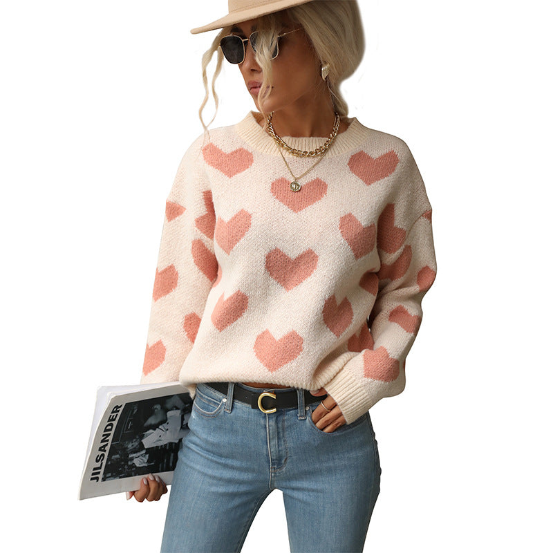 Sweet Girl Style Date Hot-Selling  Winter  Valentine's Day Heart Long Sleeve Pink Sweater - Seldom Seen Styles