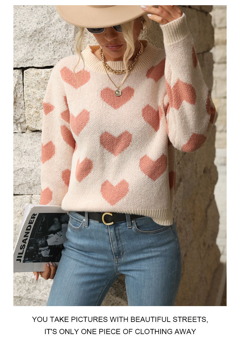 Sweet Girl Style Date Hot-Selling  Winter  Valentine's Day Heart Long Sleeve Pink Sweater - Seldom Seen Styles