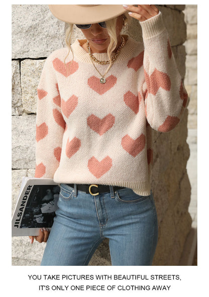 Sweet Girl Style Date Hot-Selling  Winter  Valentine's Day Heart Long Sleeve Pink Sweater - Seldom Seen Styles