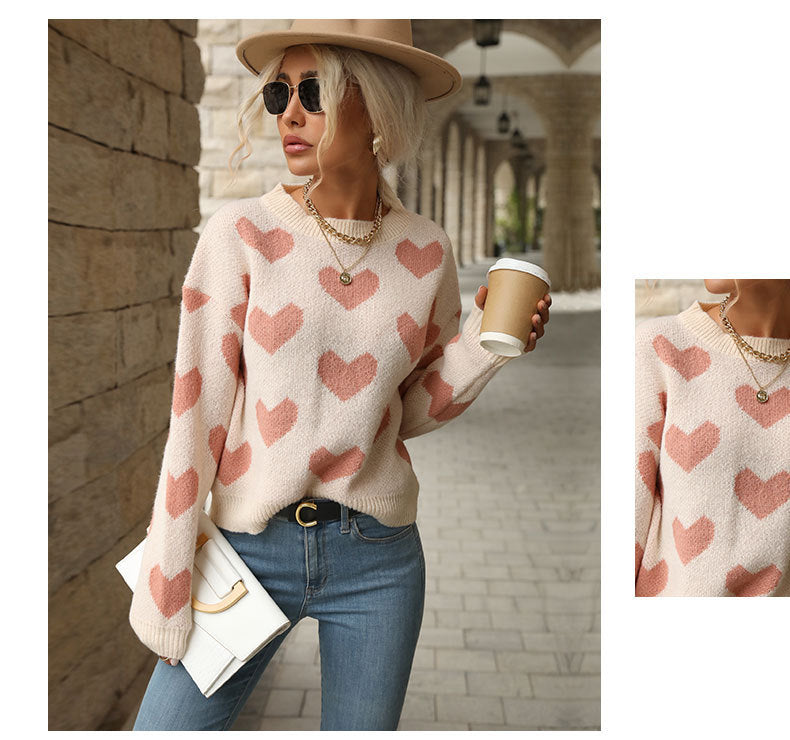 Sweet Girl Style Date Hot-Selling  Winter  Valentine's Day Heart Long Sleeve Pink Sweater - Seldom Seen Styles