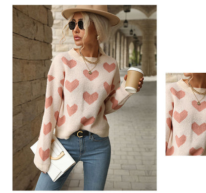 Sweet Girl Style Date Hot-Selling  Winter  Valentine's Day Heart Long Sleeve Pink Sweater - Seldom Seen Styles