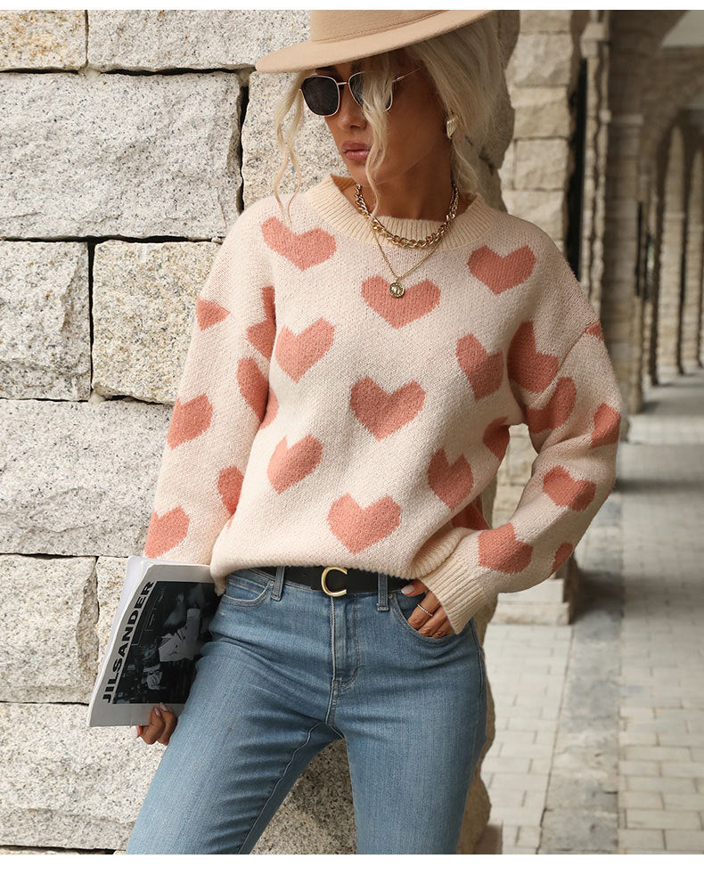 Sweet Girl Style Date Hot-Selling  Winter  Valentine's Day Heart Long Sleeve Pink Sweater - Seldom Seen Styles