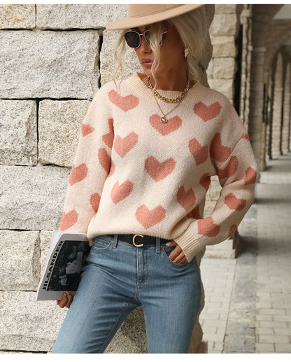 Sweet Girl Style Date Hot-Selling  Winter  Valentine's Day Heart Long Sleeve Pink Sweater - Seldom Seen Styles