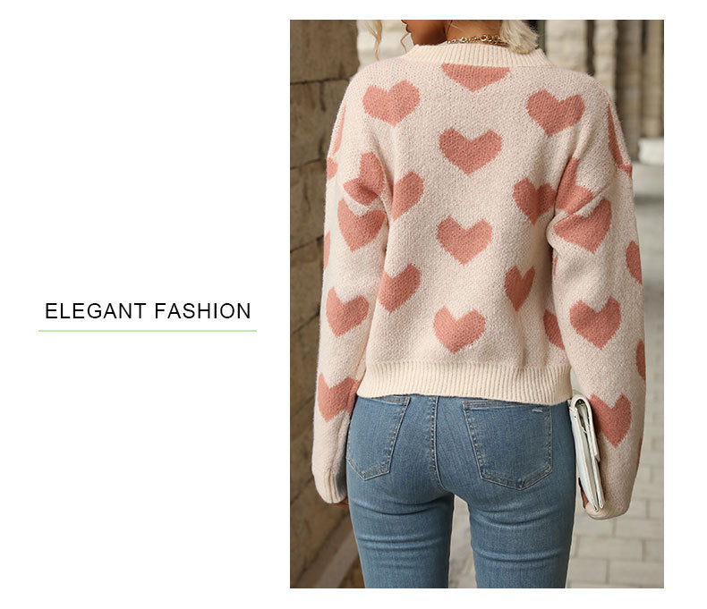 Sweet Girl Style Date Hot-Selling  Winter  Valentine's Day Heart Long Sleeve Pink Sweater - Seldom Seen Styles
