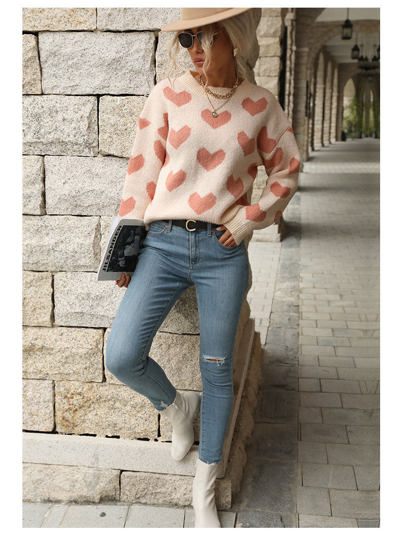 Sweet Girl Style Date Hot-Selling  Winter  Valentine's Day Heart Long Sleeve Pink Sweater - Seldom Seen Styles