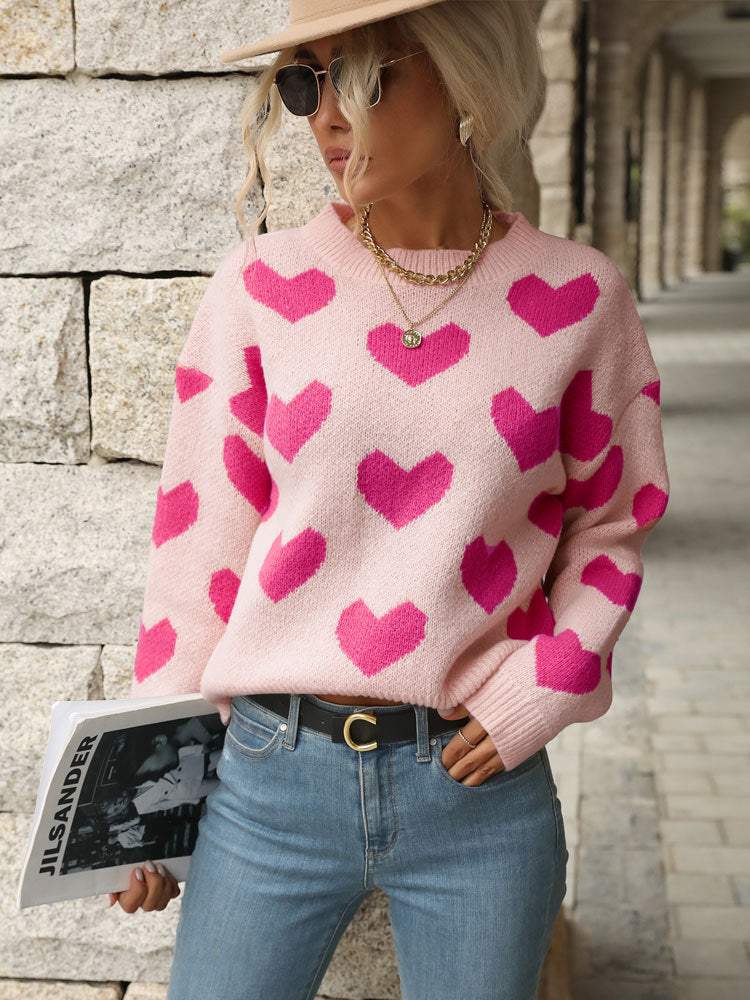Sweet Girl Style Date Hot-Selling  Winter  Valentine's Day Heart Long Sleeve Pink Sweater - Seldom Seen Styles
