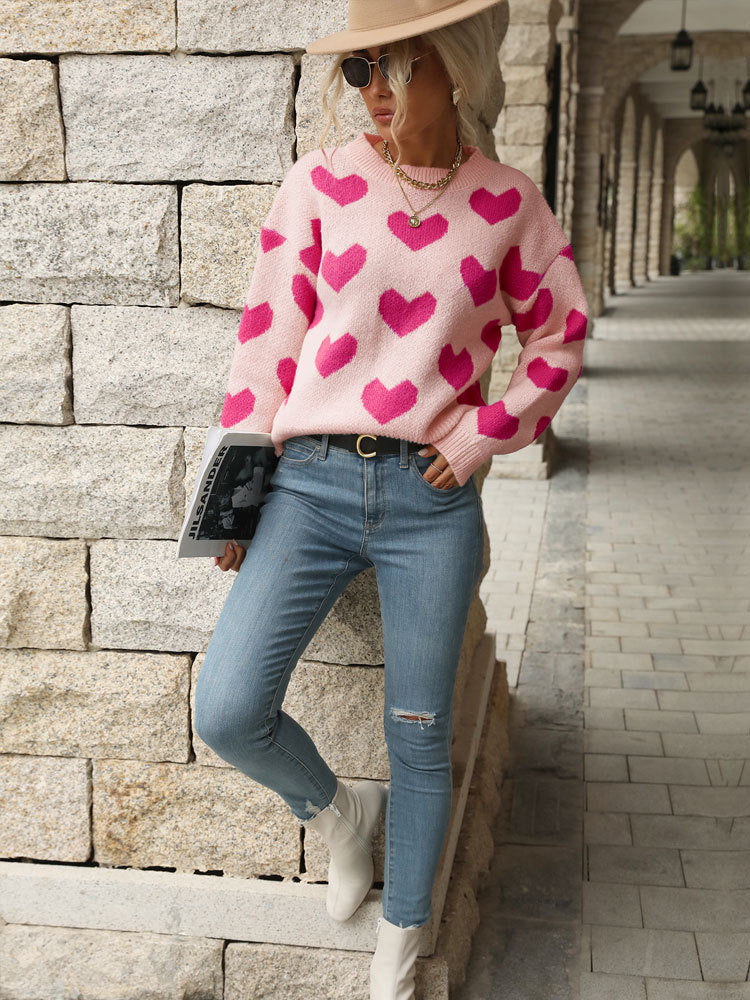 Sweet Girl Style Date Hot-Selling  Winter  Valentine's Day Heart Long Sleeve Pink Sweater - Seldom Seen Styles