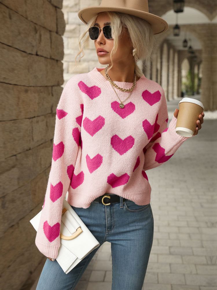 Sweet Girl Style Date Hot-Selling  Winter  Valentine's Day Heart Long Sleeve Pink Sweater - Seldom Seen Styles