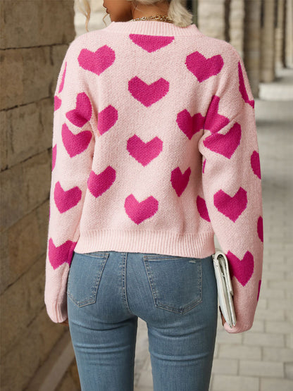Sweet Girl Style Date Hot-Selling  Winter  Valentine's Day Heart Long Sleeve Pink Sweater - Seldom Seen Styles