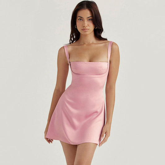 Sweet Square Neck Suspender Strap Satin Mini Dress - Pink - Seldom Seen Styles