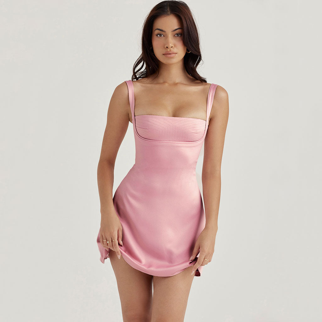 Sweet Square Neck Suspender Strap Satin Mini Dress - Pink - Seldom Seen Styles