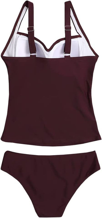 Swimsuit for Women 2 Piece 2 Piece Swimsuit for Women Blouson Tankini Top with Shorts Tummy Control Bathing Suit (Red,XXL) - Seldom Seen Styles