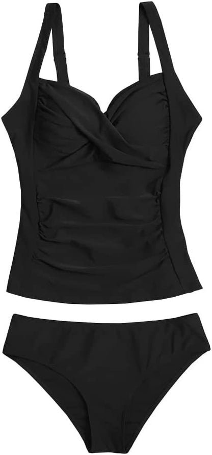 Swimsuit for Women 2 Piece 2 Piece Swimsuit for Women Blouson Tankini Top with Shorts Tummy Control Bathing Suit (Red,XXL) - Seldom Seen Styles