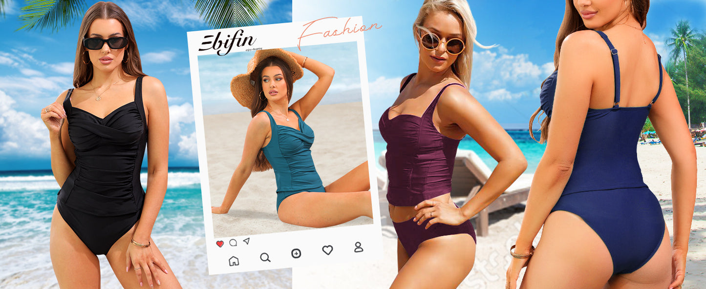 Swimsuit for Women 2 Piece 2 Piece Swimsuit for Women Blouson Tankini Top with Shorts Tummy Control Bathing Suit (Red,XXL) - Seldom Seen Styles