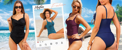 Swimsuit for Women 2 Piece 2 Piece Swimsuit for Women Blouson Tankini Top with Shorts Tummy Control Bathing Suit (Red,XXL) - Seldom Seen Styles