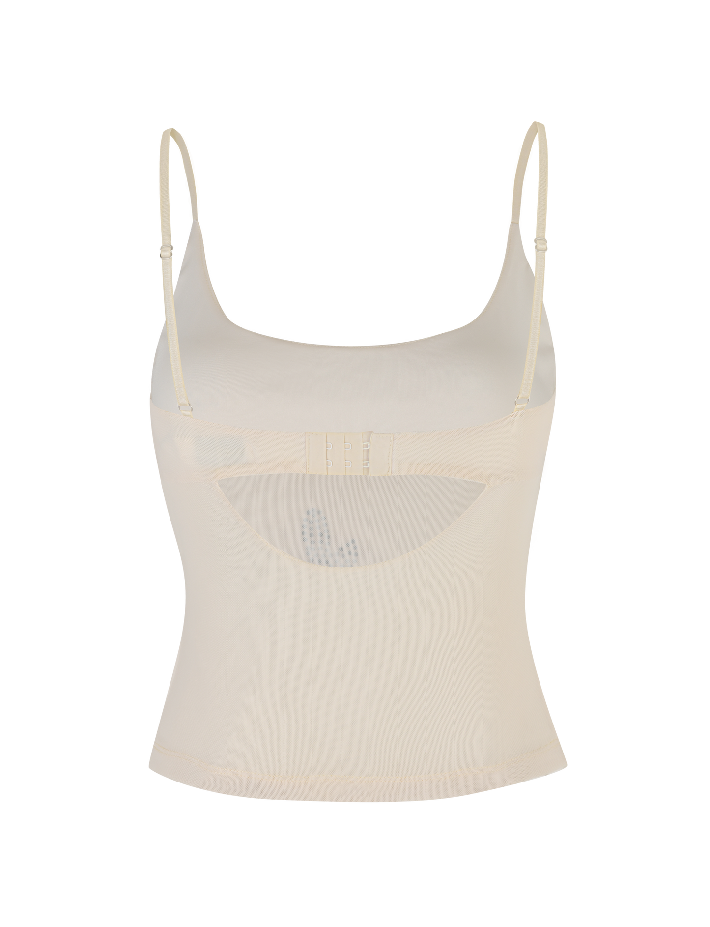 The OCTAVIA TOP - NEUTRAL : CREAM by TIGERMIST is a sheer cream camisole with thin adjustable straps, a back cutout, delicate stitching, and a subtle butterfly detail visible through the fabric.