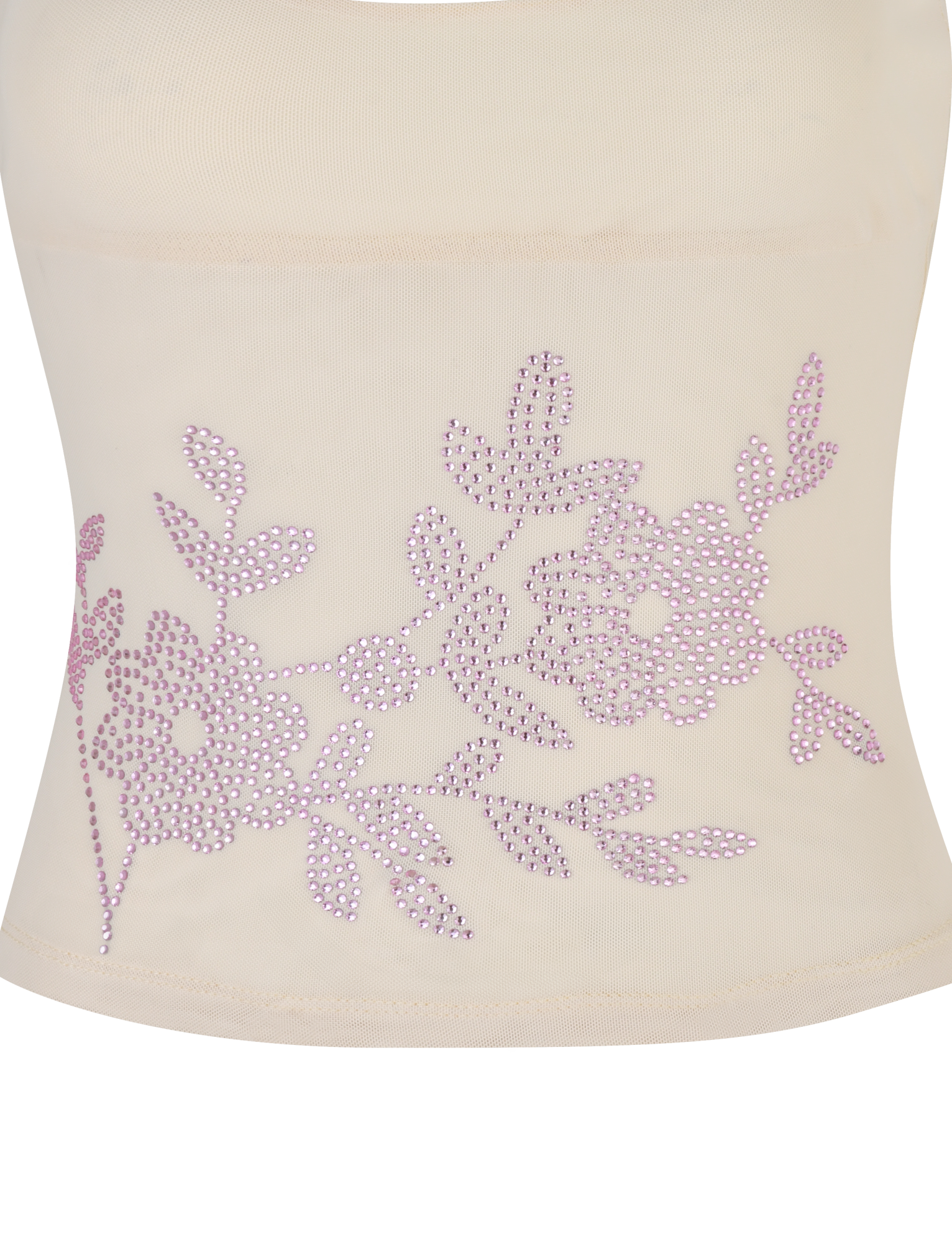 A close-up of the OCTAVIA TOP - NEUTRAL : CREAM by TIGERMIST shows cream fabric adorned with two floral and leaf designs made from small, shiny light purple rhinestones.