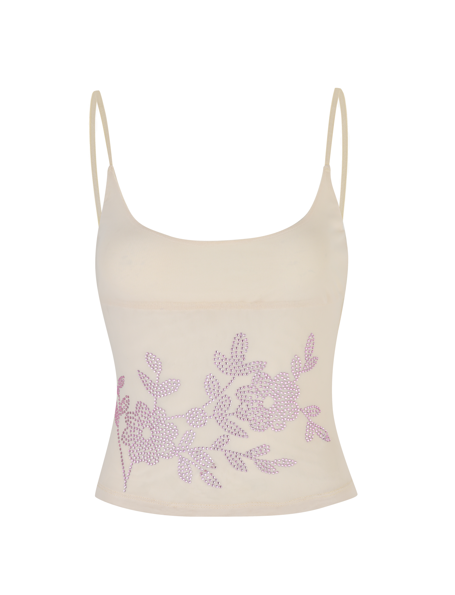 The OCTAVIA TOP - NEUTRAL : CREAM by TIGERMIST is a cream camisole with spaghetti straps, adorned with a lavender floral pattern across the lower front.