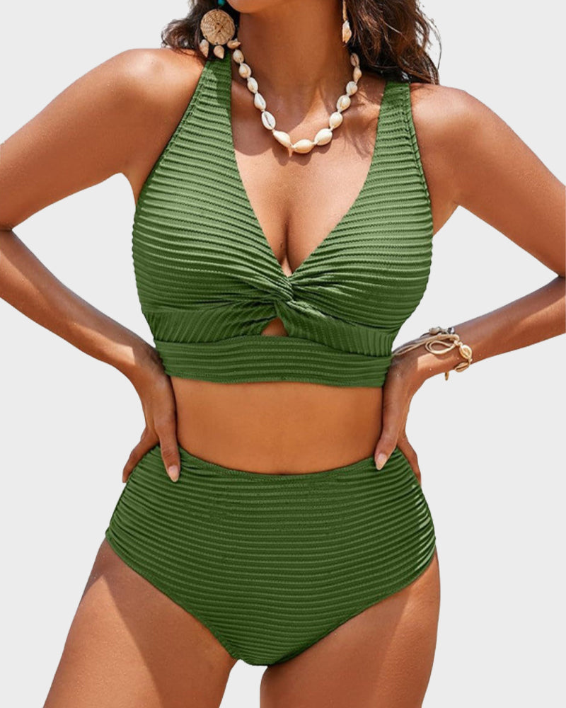 Textured Knot-Front High-Waisted Bikini Set - Seldom Seen Styles