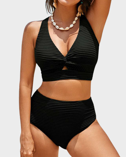 Textured Knot-Front High-Waisted Bikini Set - Seldom Seen Styles