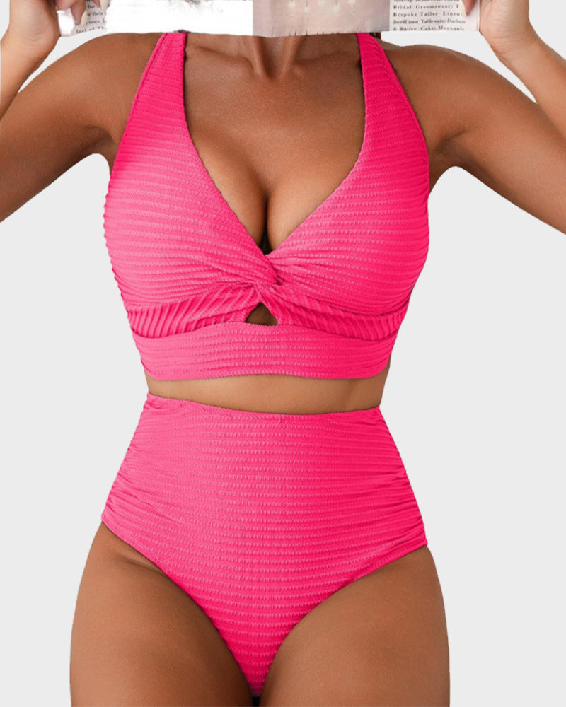 Textured Knot-Front High-Waisted Bikini Set - Seldom Seen Styles
