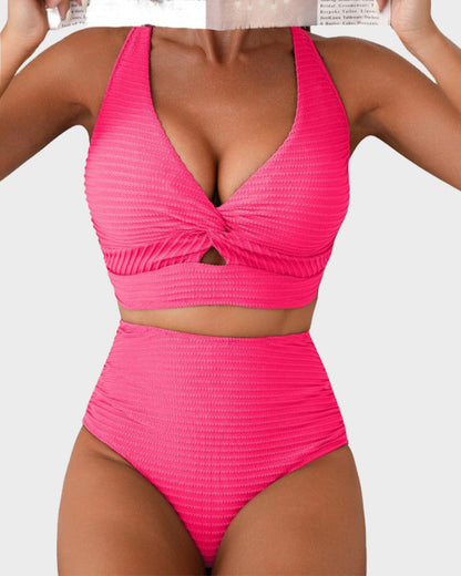 Textured Knot-Front High-Waisted Bikini Set - Seldom Seen Styles
